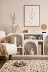 Sunny and bright space of living room with white commode, design armchair, mock up poster frame,...
