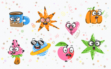 Obraz premium Set of Various Cartoon Elements with Emoticons. Doodle faces, eyes and mouth. Caricature comic expressive emotions, smiling, crying and surprised character face expressions