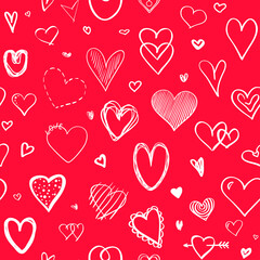 Hand drawn background with colored hearts. Seamless grungy wallpaper on surface. Abstract texture with love signs. Lovely pattern. Line art. Print for banner, flyer or poster. Colorful illustration