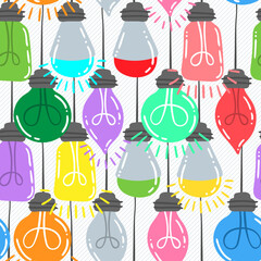 Seamless pattern of random lamps hanging from above. Light bulbs icon concept of idea. Vector collection on white background. Contour line