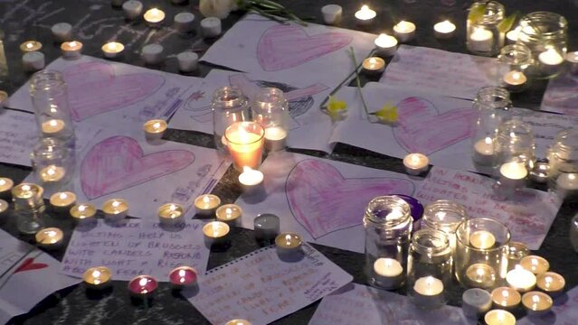 Hearts and candles tribute to the victims of the terrorist attacks on Brussels Airport and Metro Maelbeek earlier that day - March 22, 2016 - Belgium