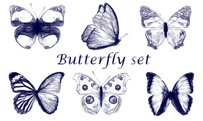 Set of butterflies drawn with a blue pen isolated on a white