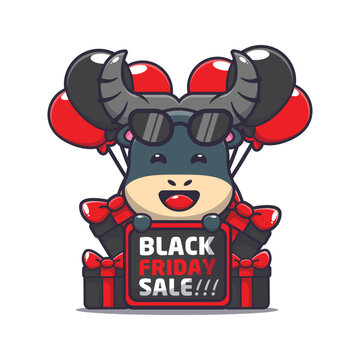 Cute bull in black friday cartoon mascot illustration