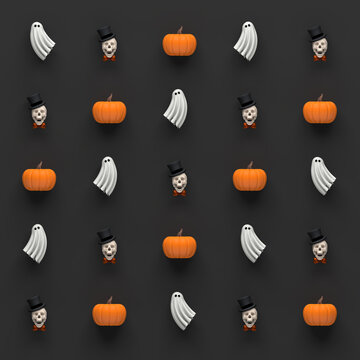 Trendy Halloween ghost, skull, and pumpkin seamless pattern on dark background. 3D illustration render.

