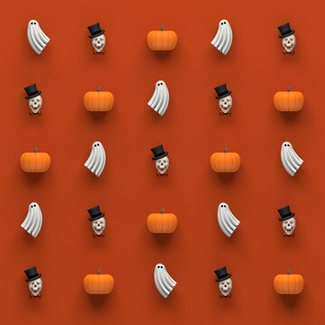 Trendy Halloween ghost, skull, and pumpkin seamless pattern on orange background. 3D illustration render.
