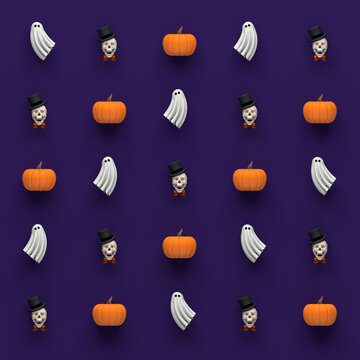 Trendy Halloween ghost, skull, and pumpkin seamless pattern on purple background. 3D illustration render.
