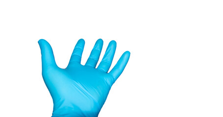 Hand with latex surgical glove on white background, laboratory safety concept.
