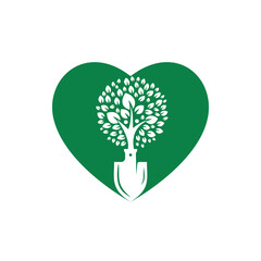 Shovel with human tree vector logo design. Green garden environment logo design template.	
