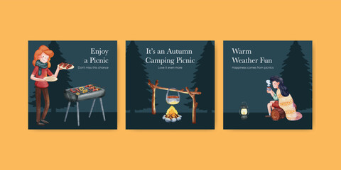 Banner template with autumn camping picnic concept,watercolor style