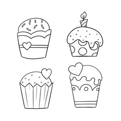 Monochrome set of icons, delicious cupcakes with delicate cream with a heart and a candle, vector