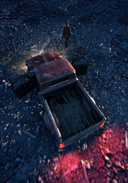 Pickup truck and man on rough terrain in twilight. High angle shot. 3D render.