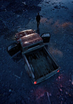 Pickup truck and man on wet rough terrain in twilight. High angle shot. 3D render.