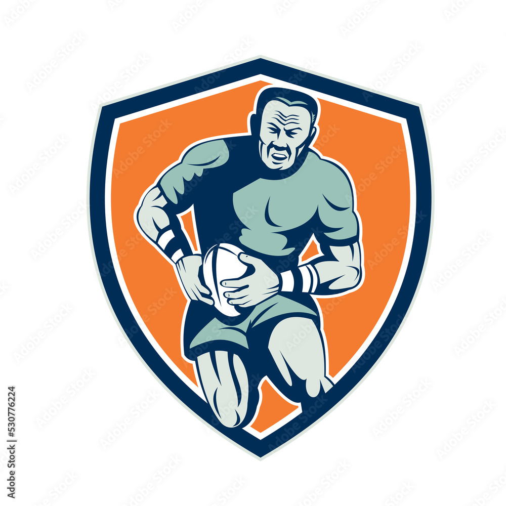 Poster rugby player running attacking shield retro