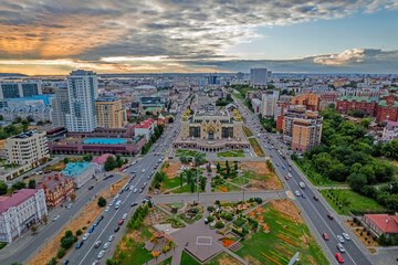 Panorama of the center of Kazan from above. Puppet theatre building. A beautiful view of the city skyline