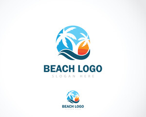 beach logo creative design concept sun sunrise travel logo tree design natural tropical emblem
