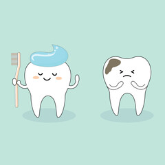 Cute tooth characters healthy happy and with caries cavities. Kawaii smiling faces. Kids dental hygiene health cleaning routine good habits concept