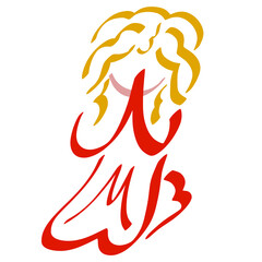 girl with blond wavy hair praying to God on her knees, abstract colorful sketch