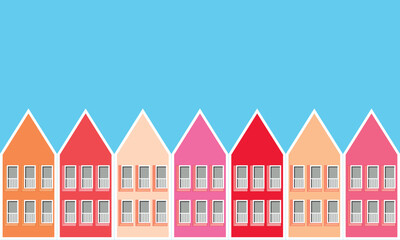 Vector illustration of colorful rainbow houses. Variation based on Dutch architecture in Utrecht Houten. Beautiful skyline on blue sky background. Europe travel concept