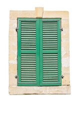 Old wooden window with closed green attice shutters. Vertical. Isolated on a white background.
