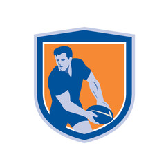 Rugby Player Passing Ball Shield Retro