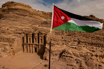 Petra ancient city and Jordan flag