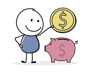Funny stickman with piggy bank and dollars. Vector