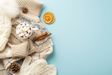Winter concept. Top view photo of cup of drinking with marshmallow white knitted mittens hat pullover pine cone dried orange slices anise cinnamon sticks isolated light blue background with copyspace