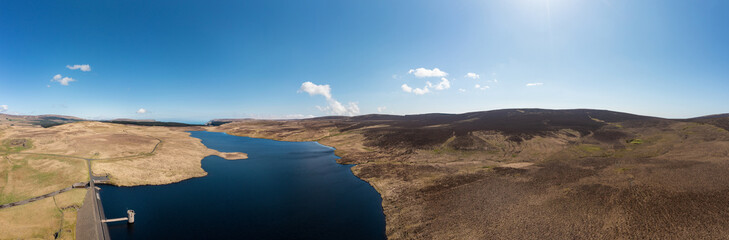 Fototapeta na wymiar panorama aerial view of reservoir in the countryside of Northern Ireland during Springtime