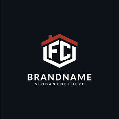 Initial letter FC logo with home roof hexagon shape design ideas
