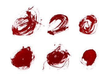 A set of red paint, ink brush strokes, brushes, lines against on white background with clipping path.