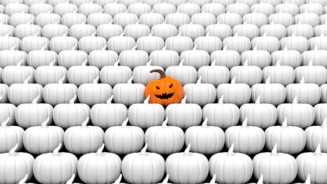 Halloween pumpkin party background of white jack-o-lanterns with one pumpkin in orange. Minimal celebration concept. 8k 3D illustration render.
