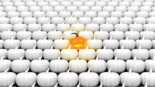 Halloween pumpkin party background of white jack-o-lanterns with one pumpkin in orange. Minimal celebration concept. 8k 3D illustration render.
