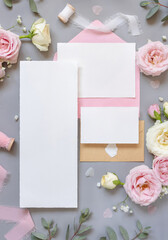 Obraz na płótnie Canvas Blank paper cards and envelopes between pink roses on grey top view, wedding mockup