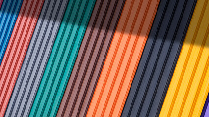 Diagonal pattern background of multi colored corrugated metal sheets for roofing on display stand with sunlight and shadow on surface © Prapat
