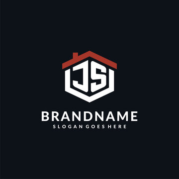 Initial letter JS logo with home roof hexagon shape design ideas