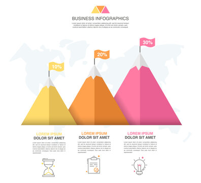 Vector Illustration Of Mountains. Infographic 3 Step Modern Template For Describing How To Reach Goal, Successful, Timeline, App, Chart.