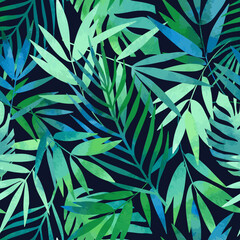 Tropical green leaves. Botanical illustration. Seamless vector pattern.