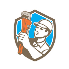 Plumber Holding Wrench Shield Retro