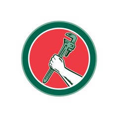 Hand Holding Adjustable Wrench Circle Woodcut