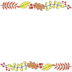 Vector background, frame made of colorful autumn leaves, berries on edges. Horizontal top and bottom edging, border, decoration for seasonal design, thanksgiving theme and happy fall