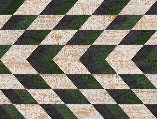 Seamless background of worn wooden texture with tribal pattern.