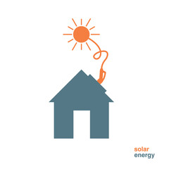 Icon of a house connected to the sun. Charging the solar battery on the roof of the house. Solar energy concept