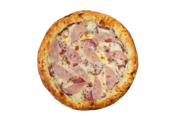 Homemade pizza with ham and sausage. Transparent.