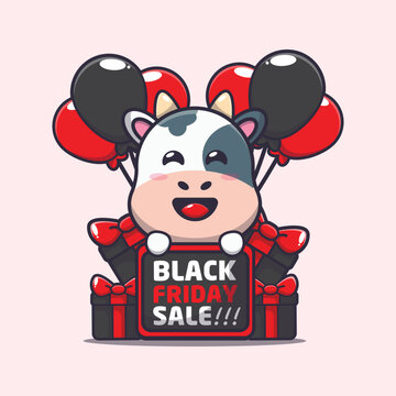 Cute cow in black friday cartoon mascot illustration