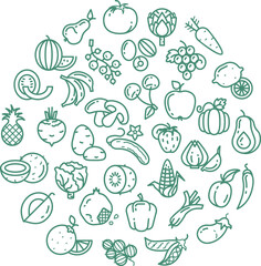 Fruit doodle in round shape. Food decorative pattern