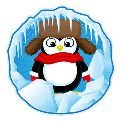 Round illustration with cute penguin on winter background.