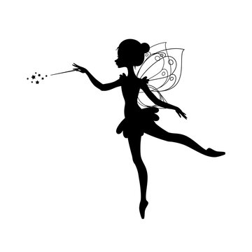 Winged fairy silhouette. Illustration of a ballet dancing fairy in the cartoon style isolated on a white background. Vector 10 EPS.