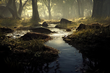 Fluss im Sumpf in einer nebeligen Landschaft - obrazy, fototapety, plakaty