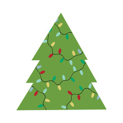 Christmas tree with garland. Xmas tree vector illustration for web design, holiday card, poster, sticker, poster, packaging design.