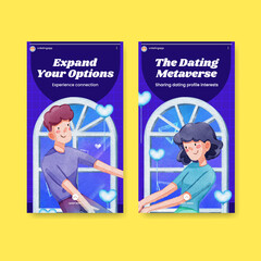 Instagram template with VR Dating concept,watercolor style
